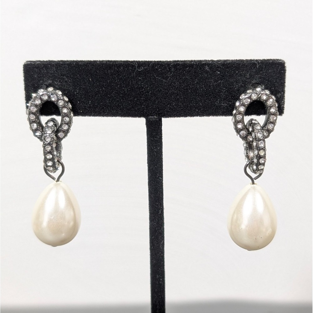 Gunmetal Rhinestone Chain Faux Pearl Dangle Earrings Whimsigoth‎ Goth